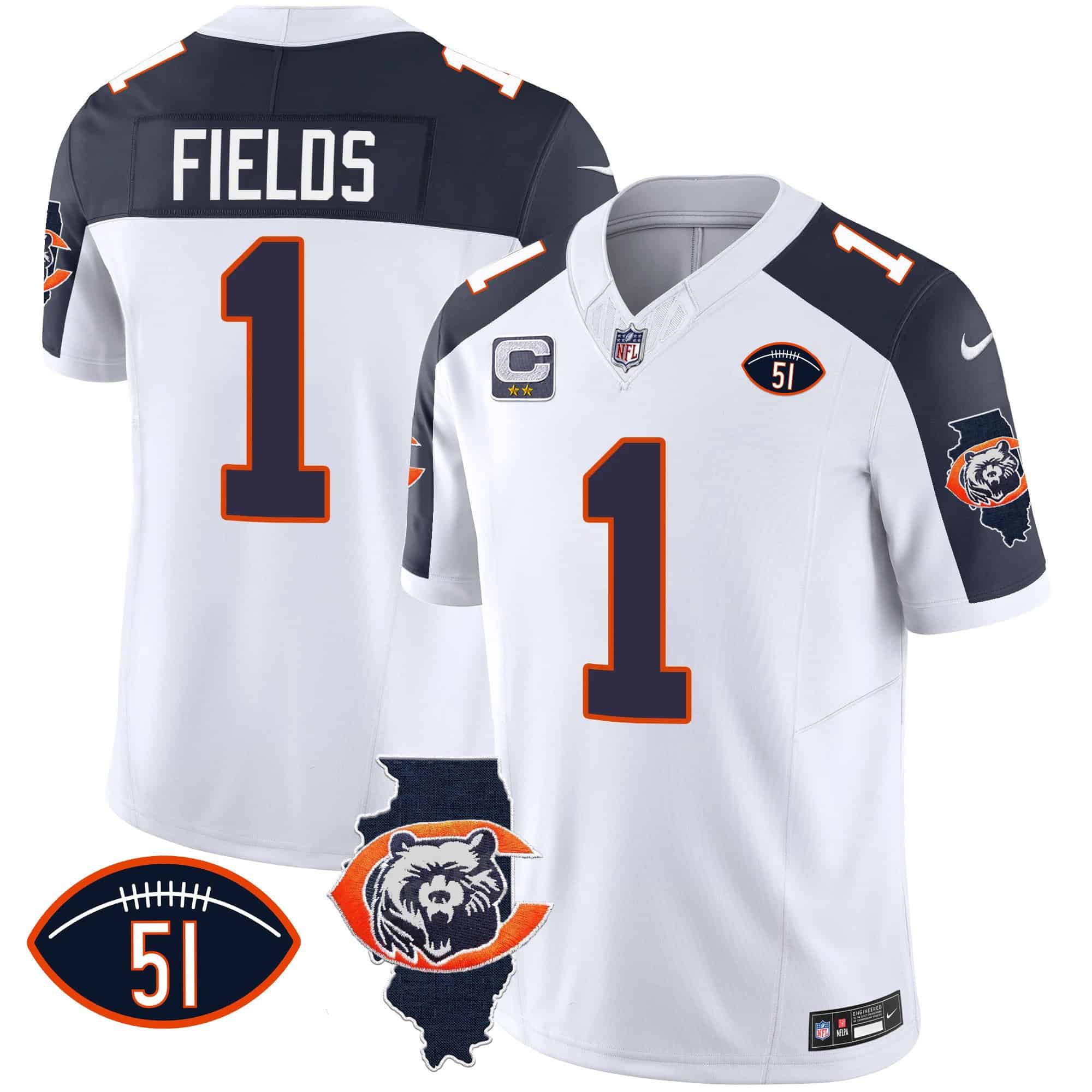 Men Chicago Bears #1 Fields White 2024 Nike Throwback Illinois Patch Vapor NFL Jersey style 2